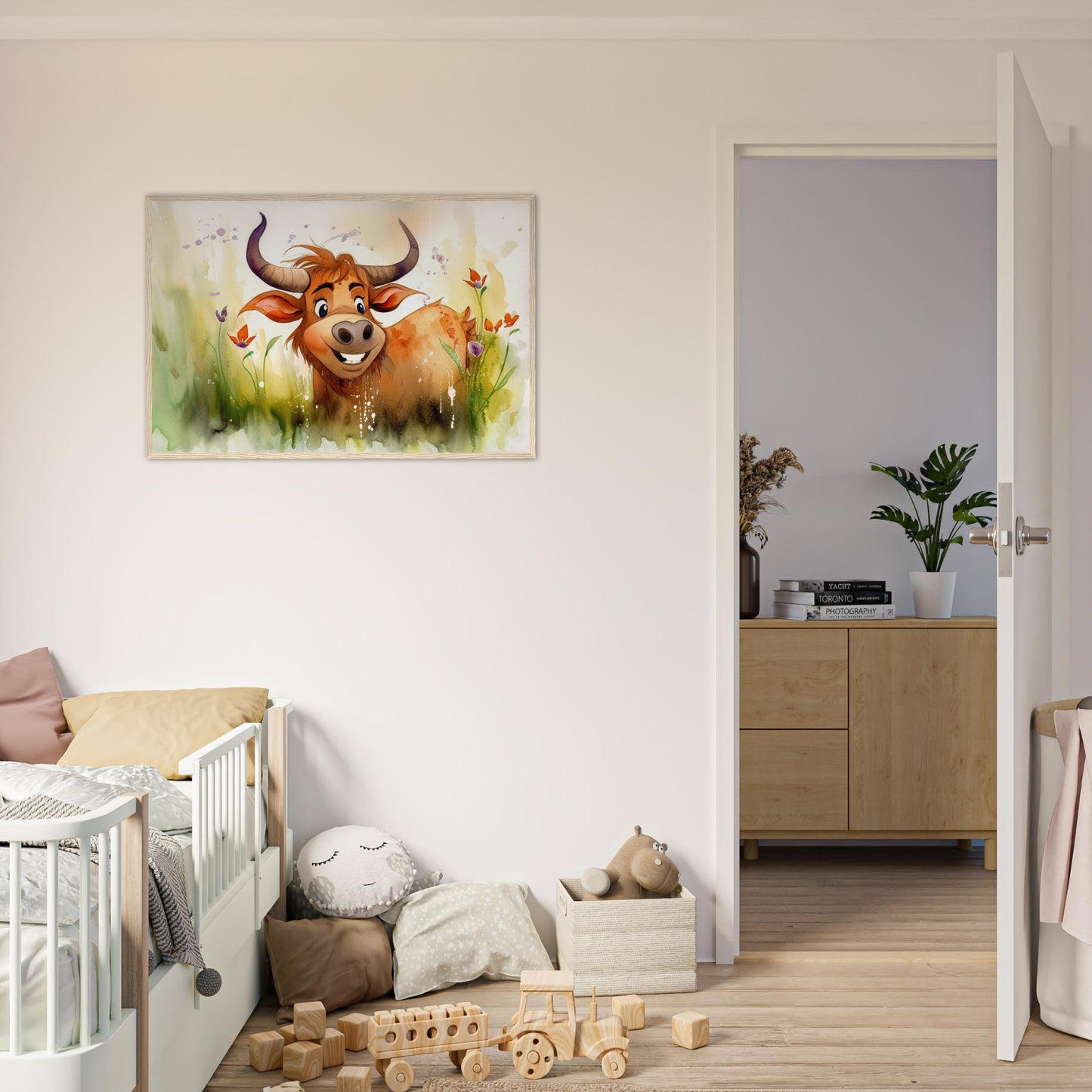 Blumiger Stier, Poster mit Holzrahmen - Stiersbeste