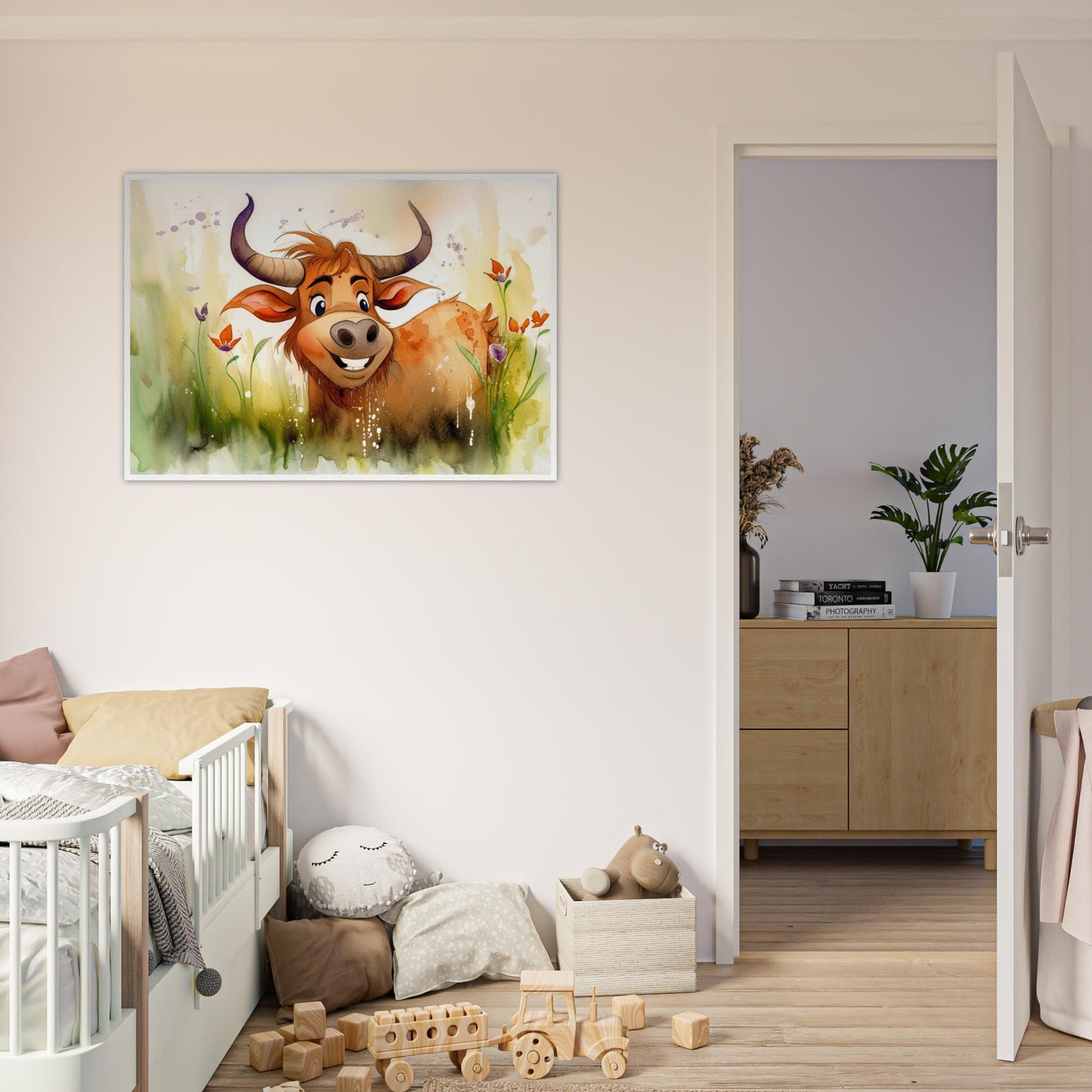 Blumiger Stier, Poster mit Holzrahmen - Stiersbeste