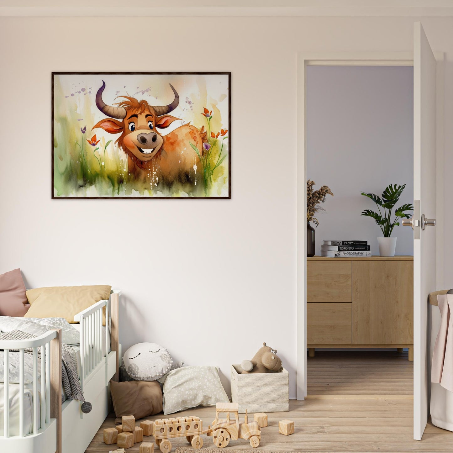 Blumiger Stier, Poster mit Holzrahmen - Stiersbeste