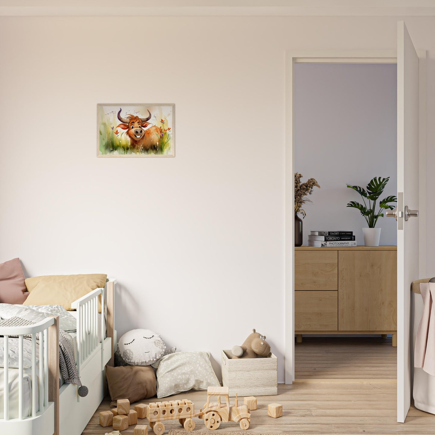 Blumiger Stier, Poster mit Holzrahmen - Stiersbeste