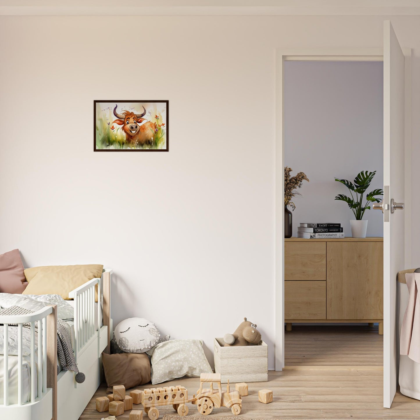 Blumiger Stier, Poster mit Holzrahmen - Stiersbeste