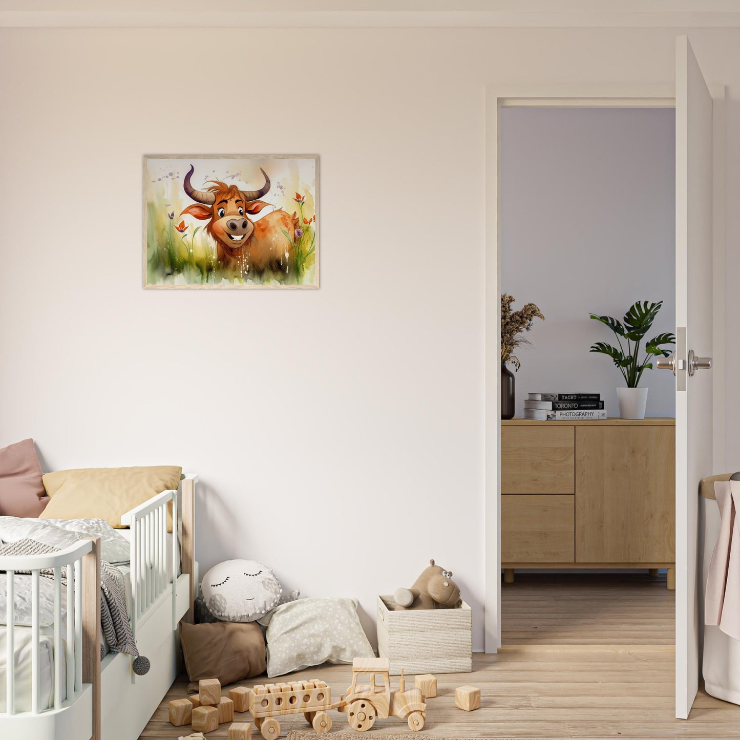 Blumiger Stier, Poster mit Holzrahmen - Stiersbeste
