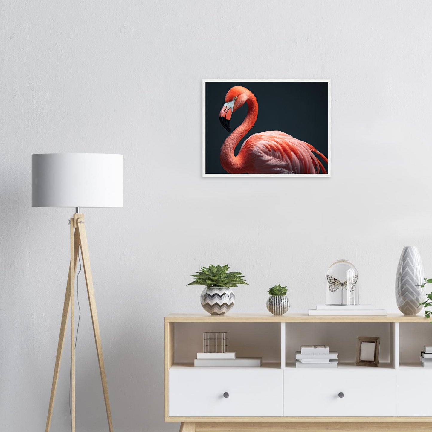 Flamingo in the Studio, Poster mit Holzrahmen - Stiersbeste
