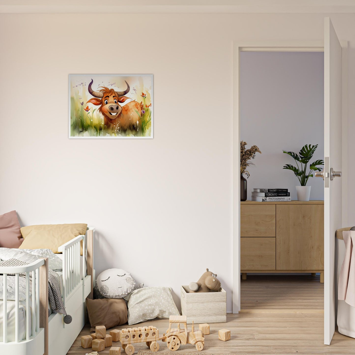 Blumiger Stier, Poster mit Holzrahmen - Stiersbeste