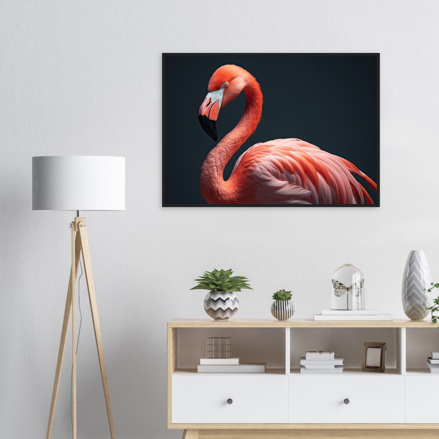 Flamingo in the Studio, Poster mit Holzrahmen - Stiersbeste