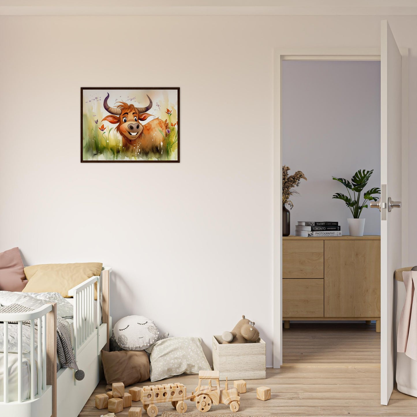 Blumiger Stier, Poster mit Holzrahmen - Stiersbeste