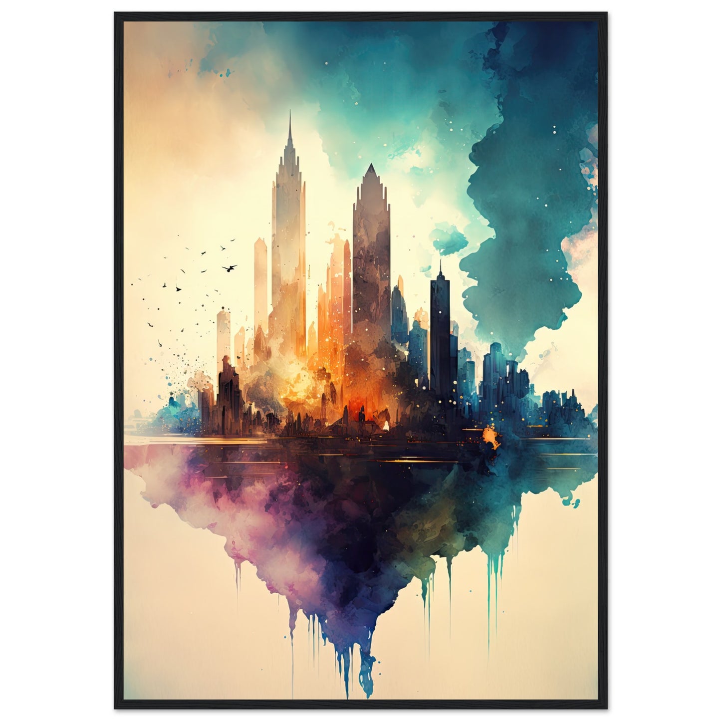Farbexplosion Skyline, Poster mit Holzrahmen - Stiersbeste