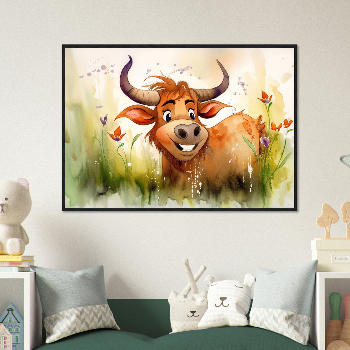 Blumiger Stier, Poster mit Holzrahmen - Stiersbeste