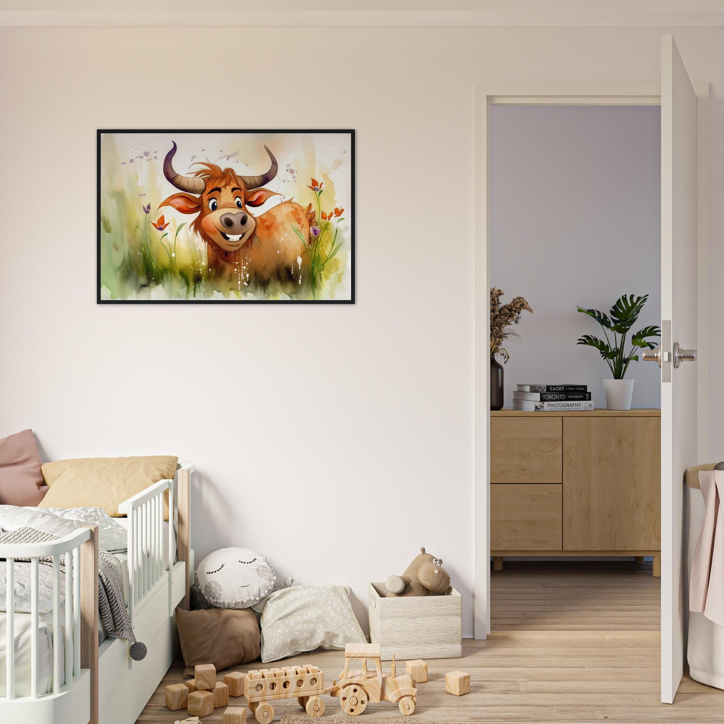 Blumiger Stier, Poster mit Holzrahmen - Stiersbeste