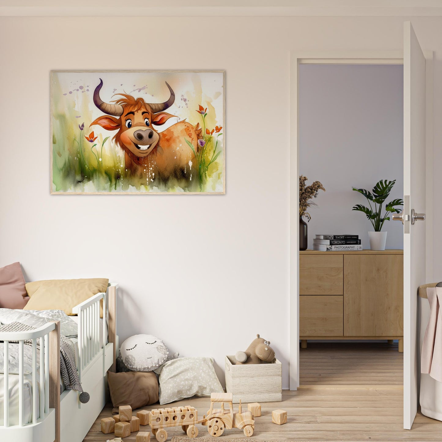 Blumiger Stier, Poster mit Holzrahmen - Stiersbeste