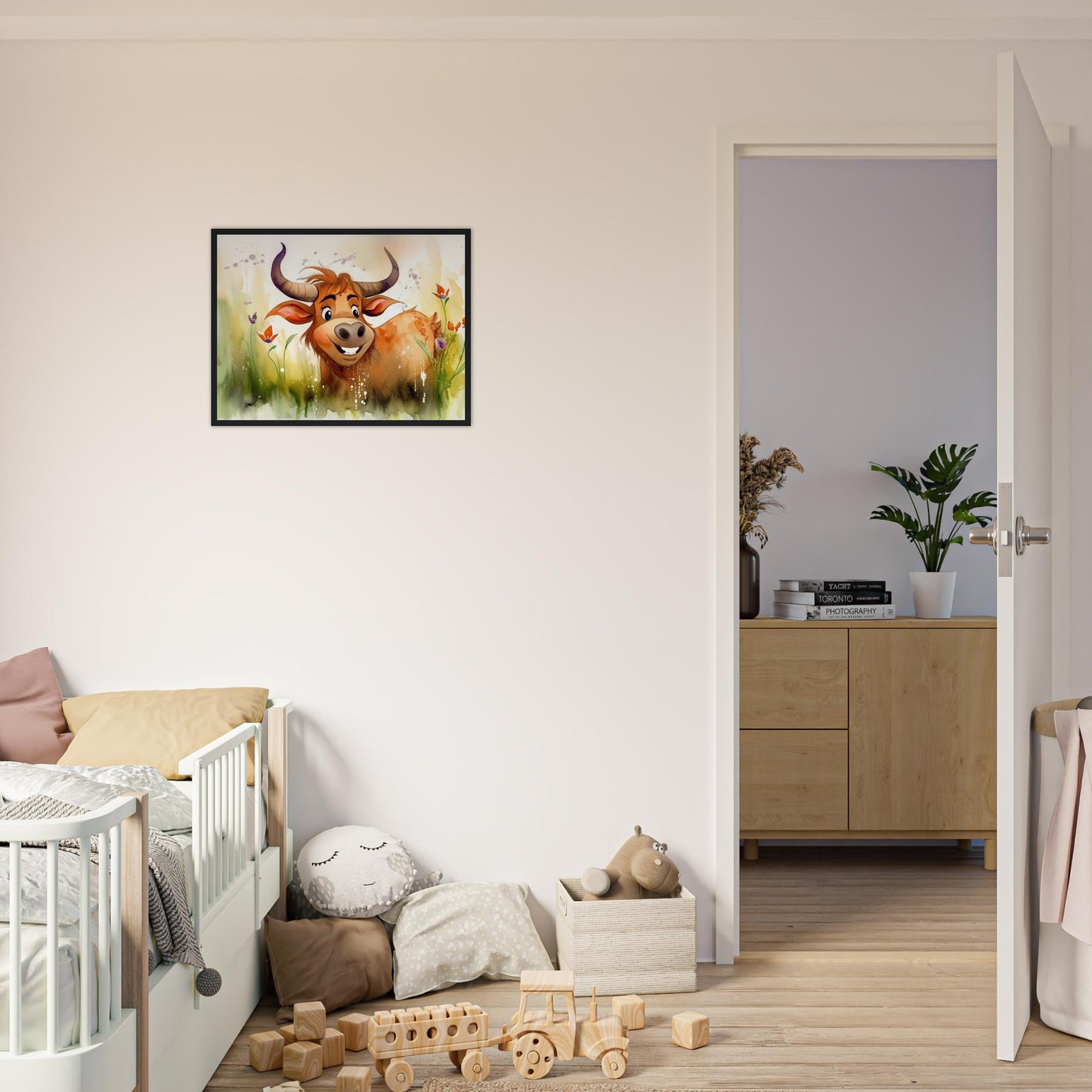 Blumiger Stier, Poster mit Holzrahmen - Stiersbeste