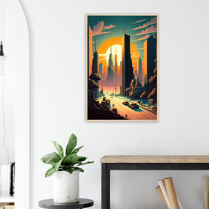 Futuristischer Sunset, Poster mit Holzrahmen - Stiersbeste