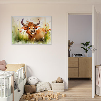 Blumiger Stier, Poster mit Holzrahmen - Stiersbeste