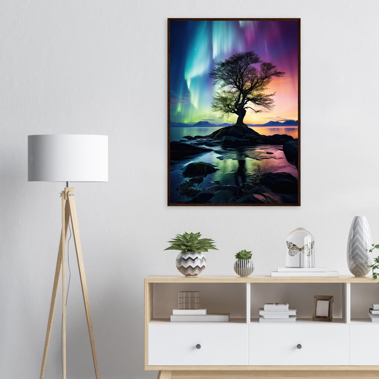 Polarlicht Baum, Poster mit Holzrahmen - Stiers Beste
