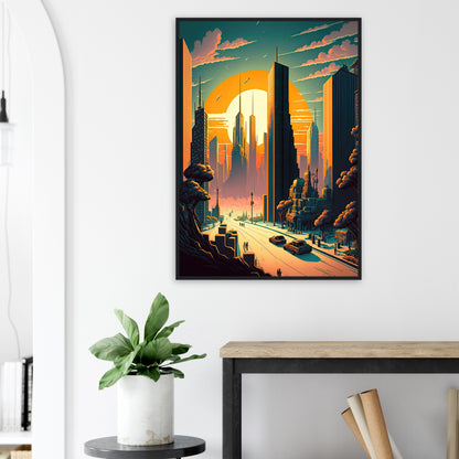 Futuristischer Sunset, Poster mit Holzrahmen - Stiersbeste