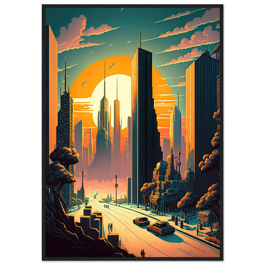Futuristischer Sunset, Poster mit Holzrahmen - Stiersbeste