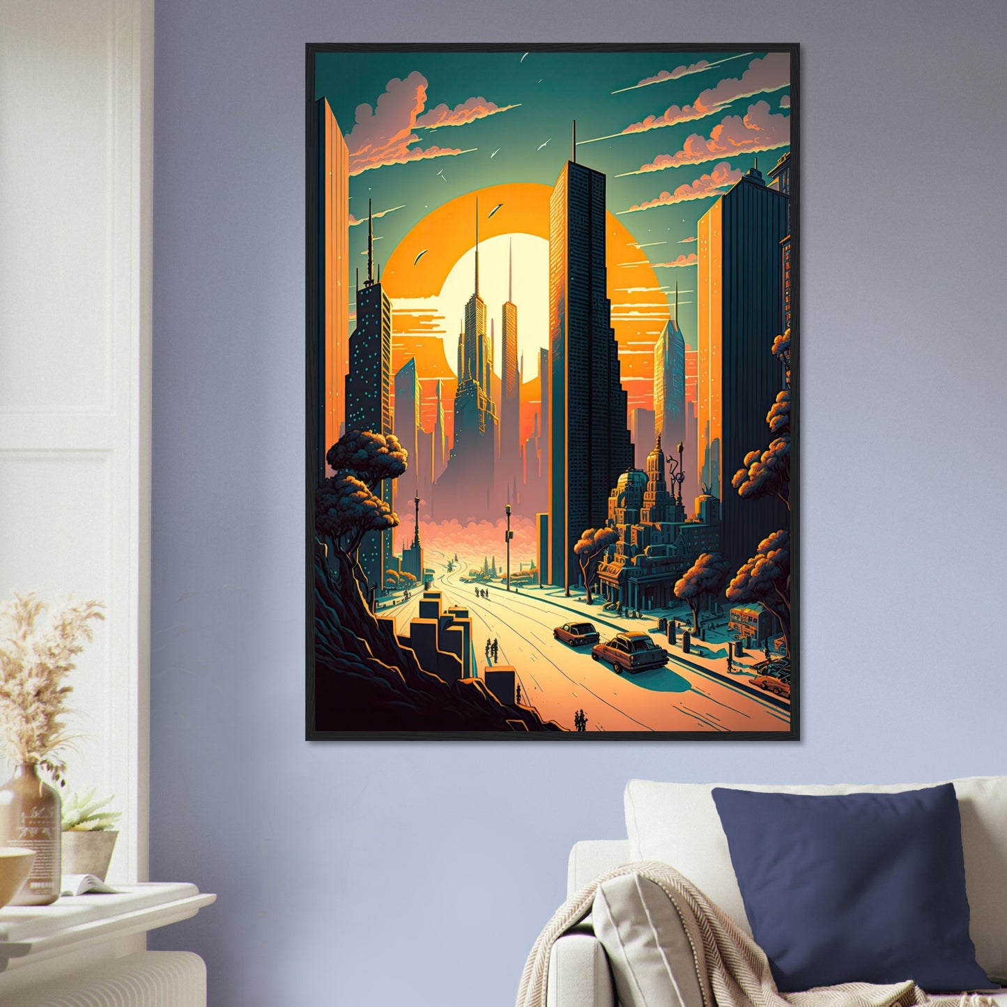 Futuristischer Sunset, Poster mit Holzrahmen - Stiersbeste