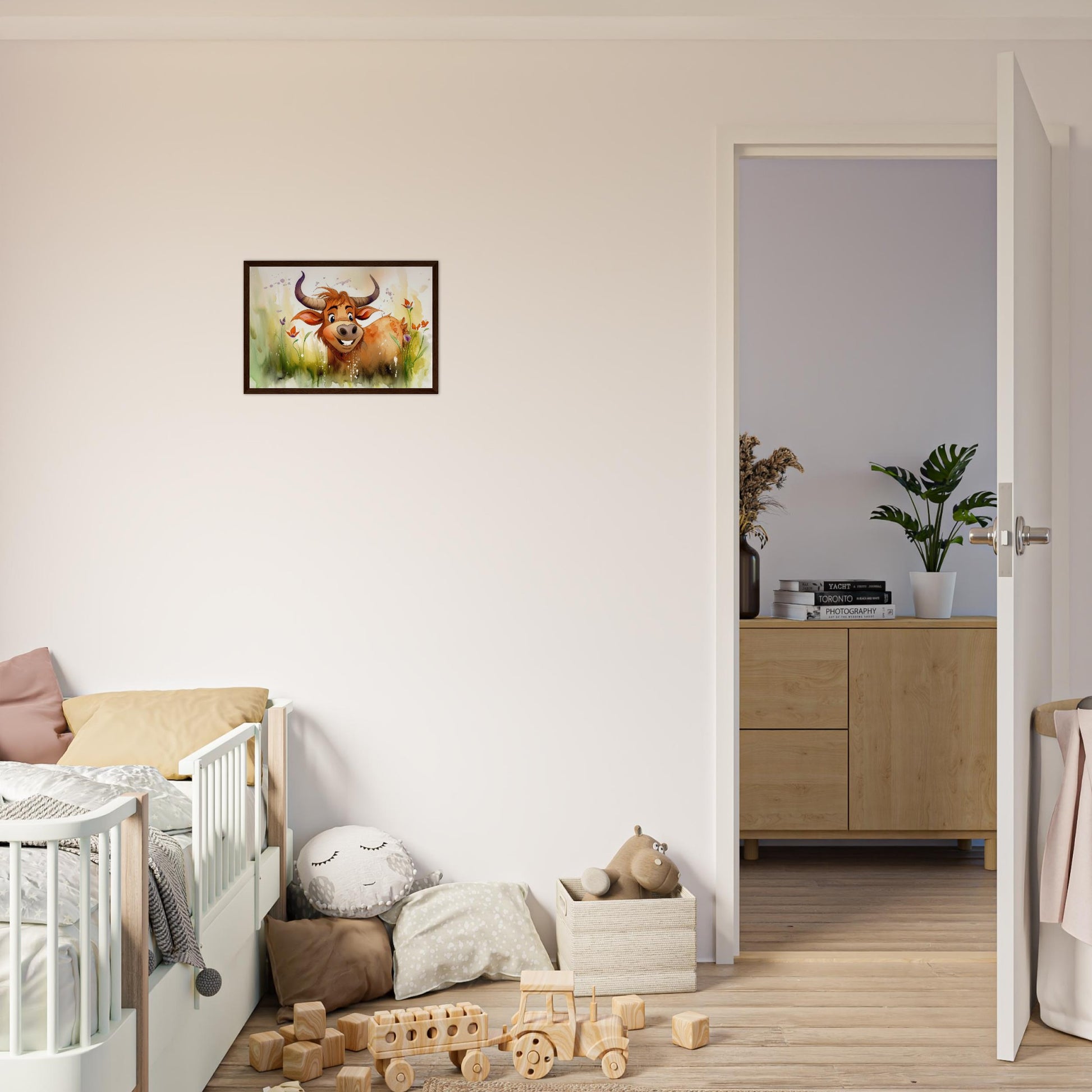 Blumiger Stier, Poster mit Holzrahmen - Stiersbeste