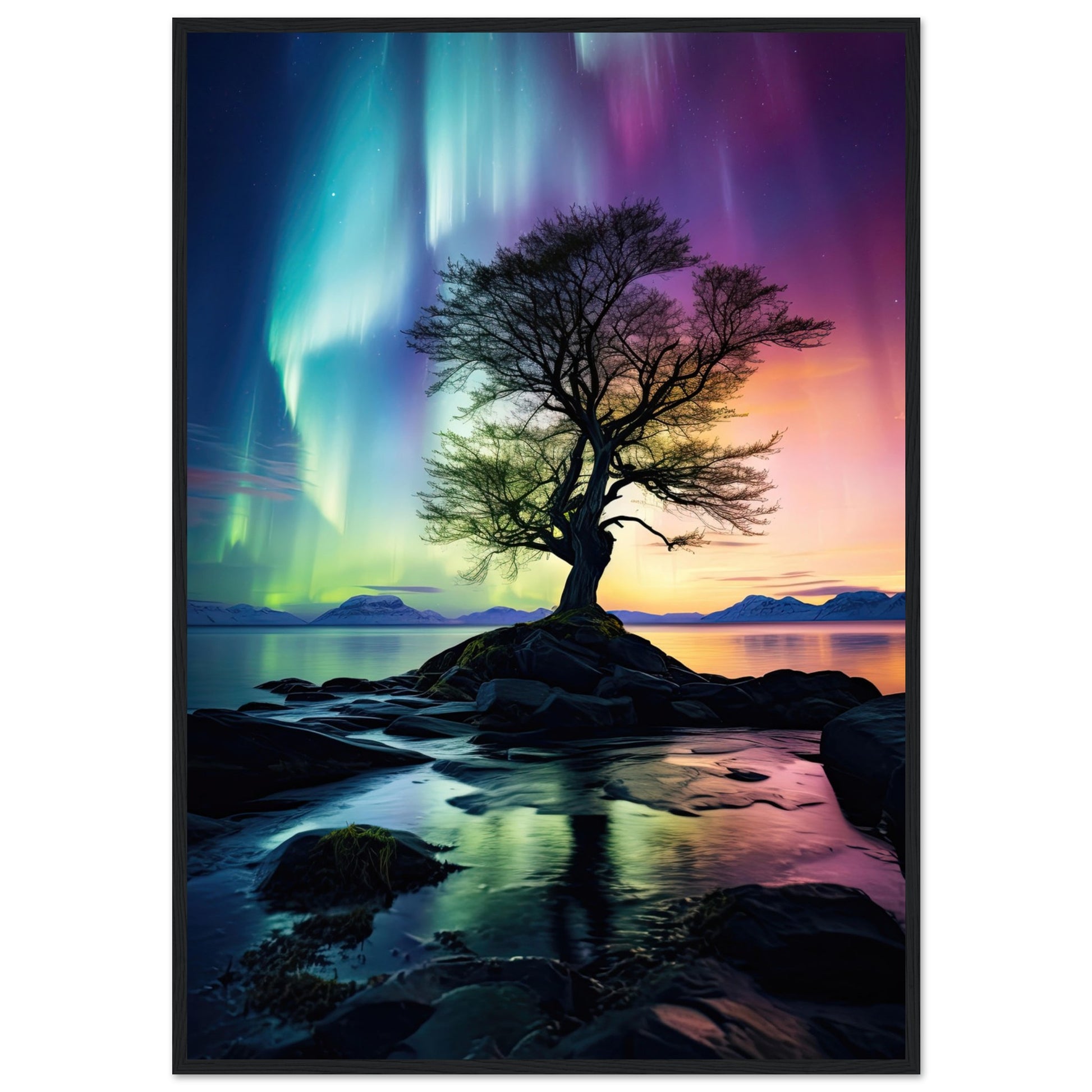 Polarlicht Baum, Poster mit Holzrahmen - Stiers Beste
