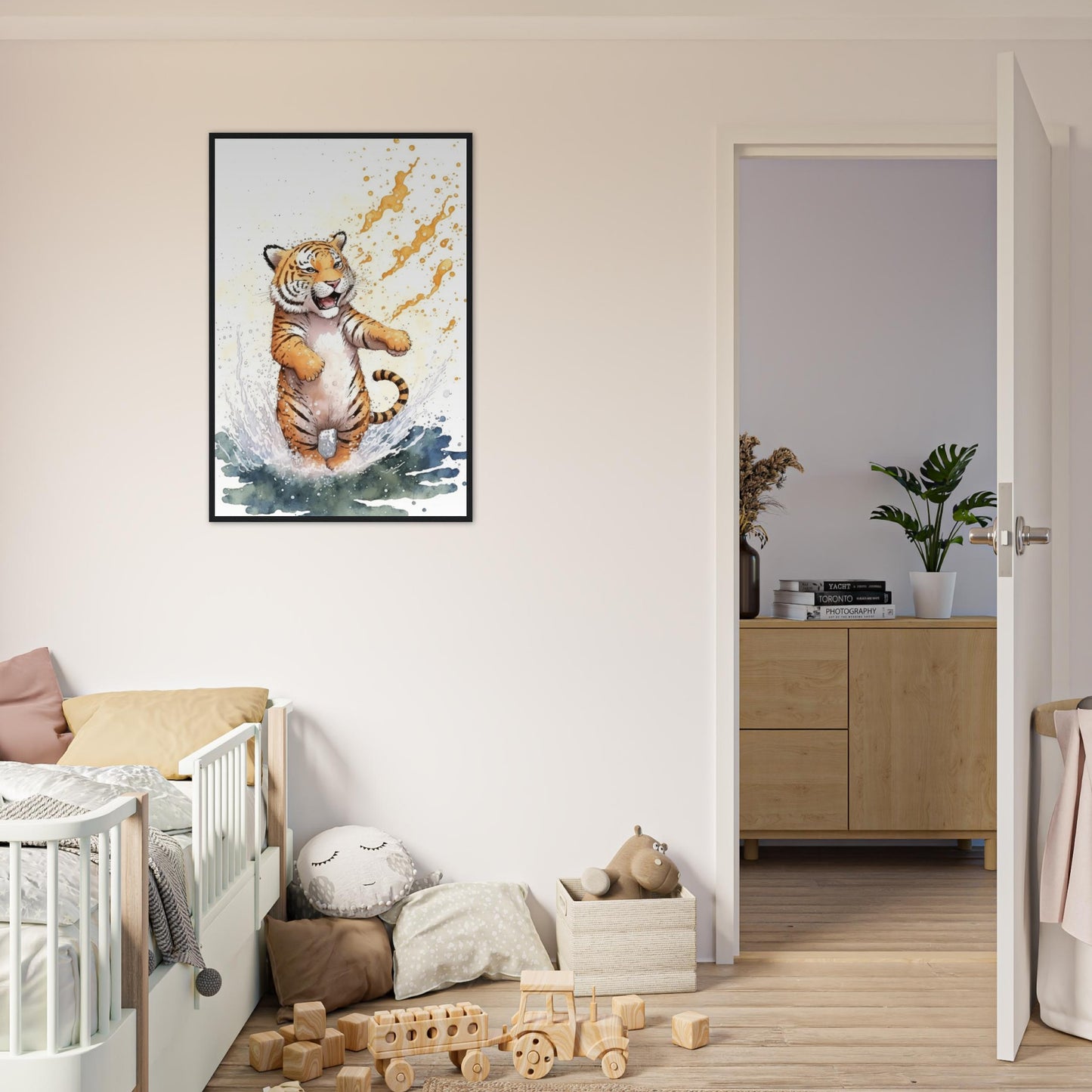 Wasserspaß Tiger, Poster mit Holzrahmen - Stiersbeste