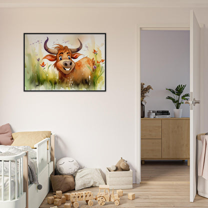 Blumiger Stier, Poster mit Holzrahmen - Stiersbeste