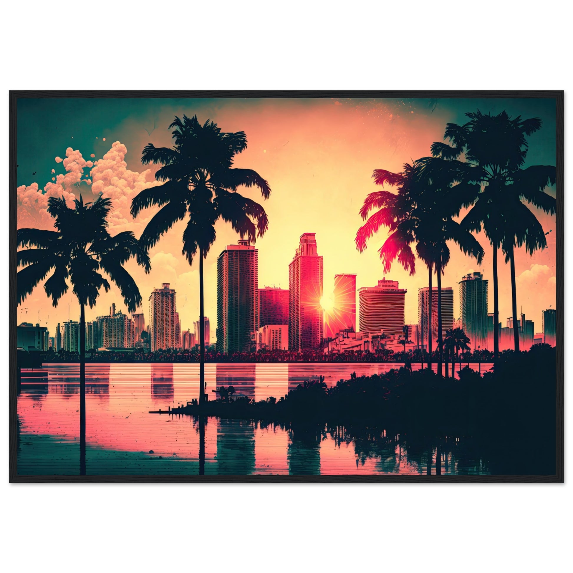 Miami Sunset, Poster mit Holzrahmen - Stiersbeste