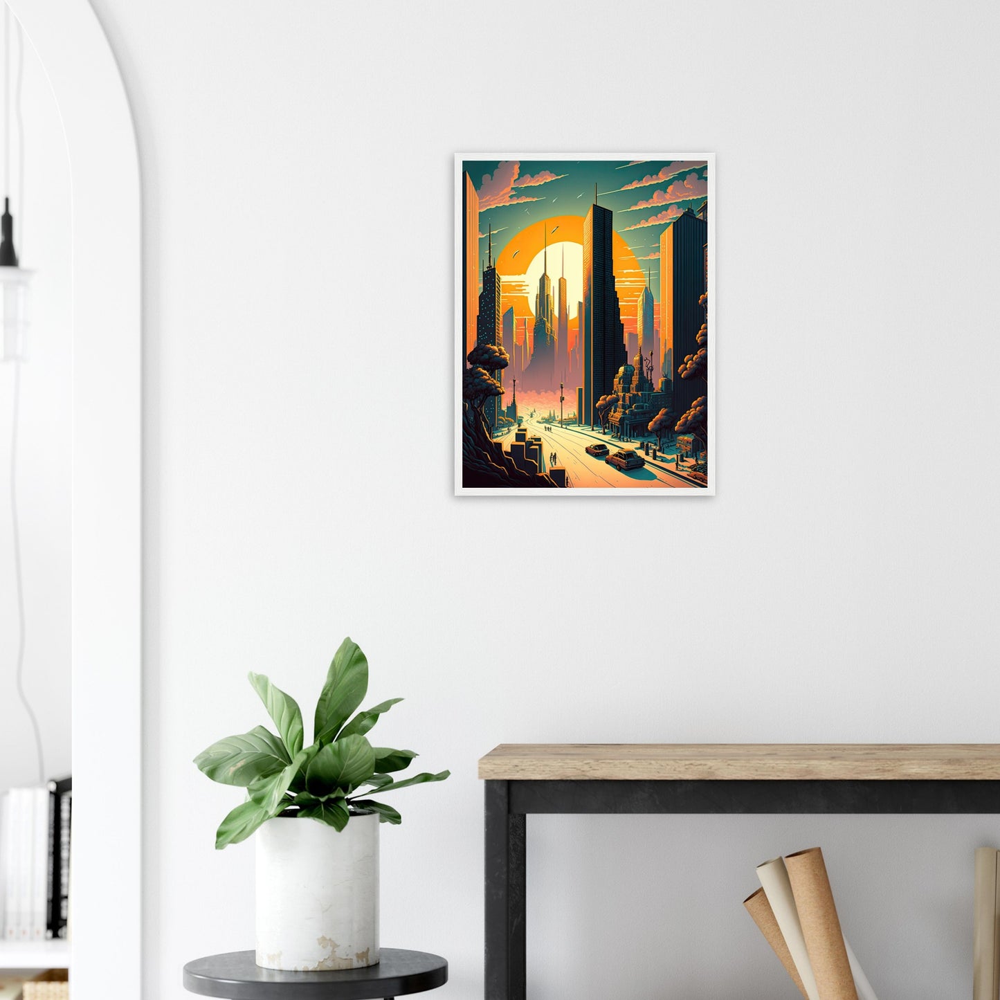 Futuristischer Sunset, Poster mit Holzrahmen - Stiersbeste
