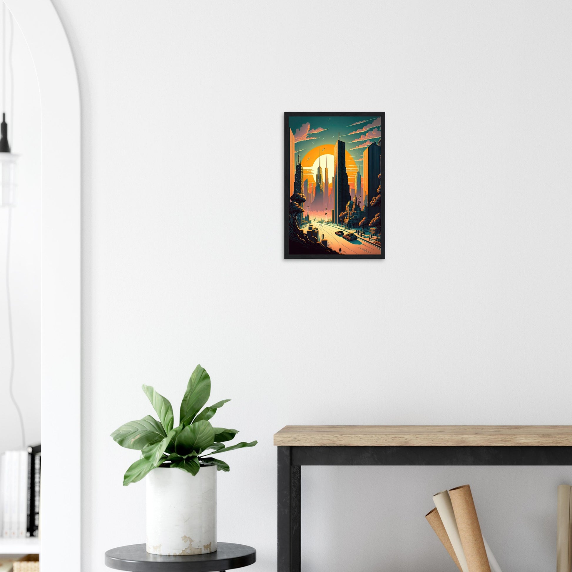 Futuristischer Sunset, Poster mit Holzrahmen - Stiersbeste