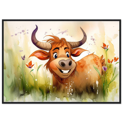 Blumiger Stier, Poster mit Holzrahmen - Stiersbeste