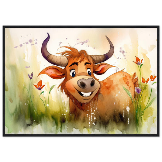 Blumiger Stier, Poster mit Holzrahmen - Stiersbeste