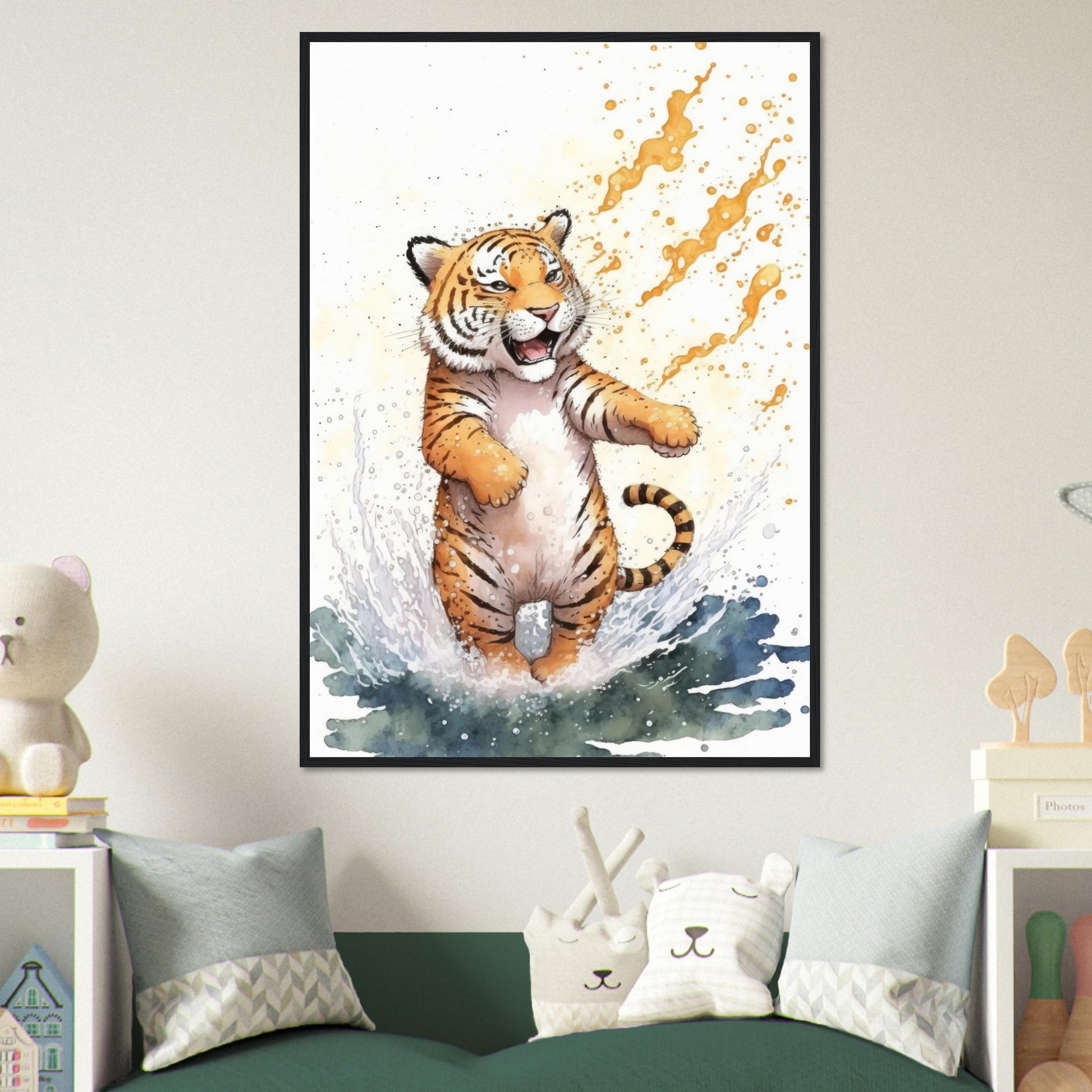 Wasserspaß Tiger, Poster mit Holzrahmen - Stiersbeste