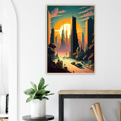 Futuristischer Sunset, Poster mit Holzrahmen - Stiersbeste
