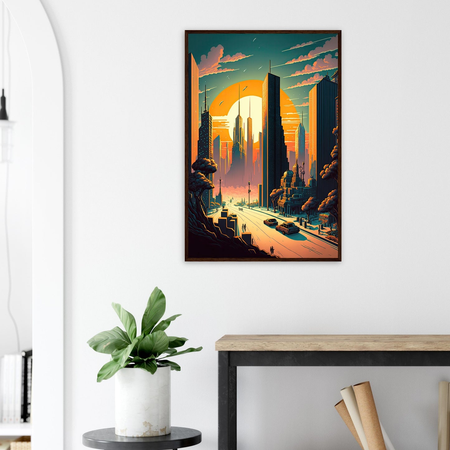 Futuristischer Sunset, Poster mit Holzrahmen - Stiersbeste